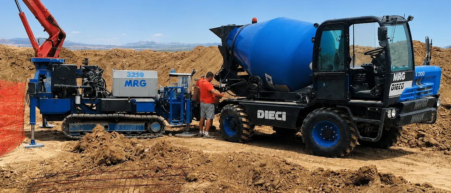 L'autobetoniera semovente Dieci di MRG che alimenta la pompa cingolata MRG 3210 in cantiere